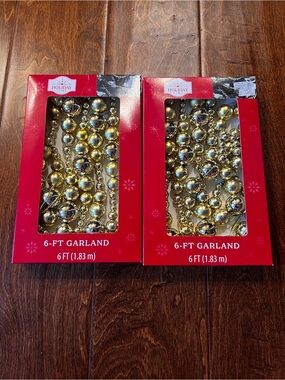 Set of 2 Holiday Time Gold Beaded 6-ft Garland each new in box